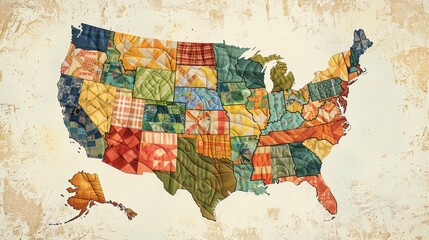 Quilted Fabric USA Map with Patchwork Design on Vintage Background