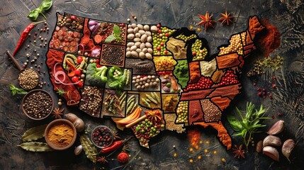 Textured USA Map Made from Variety of Spices and Herbs

