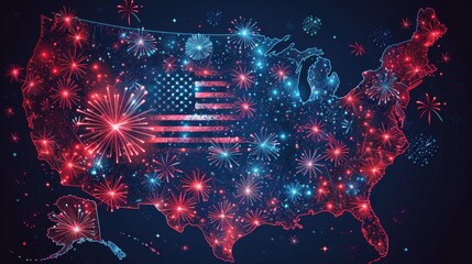 Artistic USA Map with Fireworks and Flag Motif in Red and Blue Hues

