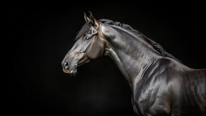 Portrait of a beautiful black horse on a black background, Horse on dark backround.