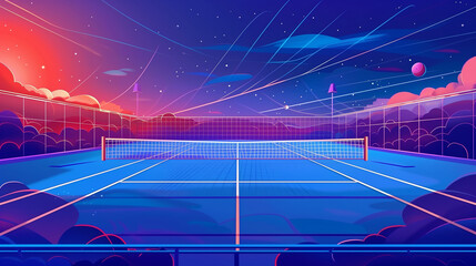 Illuminated indoor tennis court with sunlight. Tournament. Competition game. Modern art Grainy gradients design concept. Generative Ai - obrazy, fototapety, plakaty