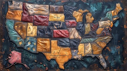 Vintage leather USA map with stitches and stars on a rusted metal background
