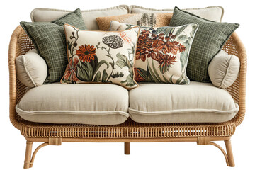 Rattan 2seater sofa with green and floral print cushions