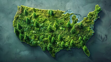 Lush Greenery Overlaid on USA Map Depicting Natural Vegetation and Forests


