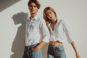 Two young models in white shirts and blue jeans striking a pose with strong shadows in the background.