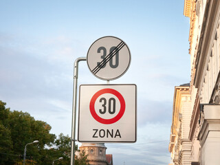 Selective blur on an urban speed limit sign taken in Riga, Latvia, indicating drivers are entering...