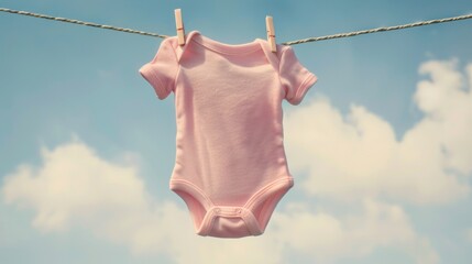 Cute pink baby onesie drying on a clothesline against a clear blue sky.