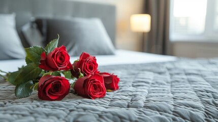 Fresh red roses on a grey bedspread in a modern hotel room setting. - obrazy, fototapety, plakaty