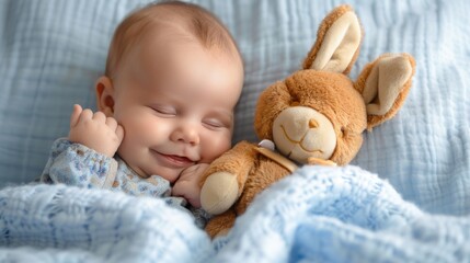 A peaceful sleeping baby cuddling a soft plush bunny toy on a blue blanket.