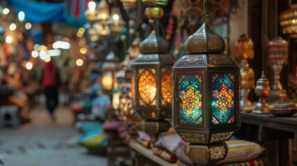 Illuminated Moroccan lanterns casting colorful light in a bustling market. - obrazy, fototapety, plakaty