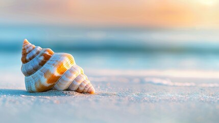 A lone seashell resting on a tranquil beach as the sun sets.