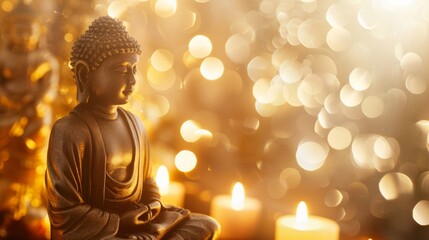 A serene Buddha statue illuminated by warm bokeh lights conveying spirituality and peace.