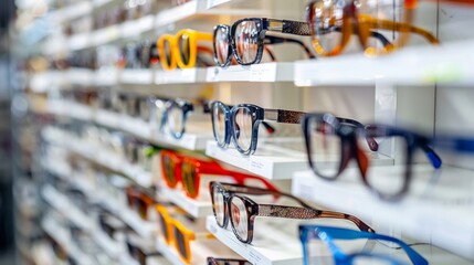 Rows of various eyeglass frames on white shelves, focused on stylish eyewear in an optical retail store. - obrazy, fototapety, plakaty