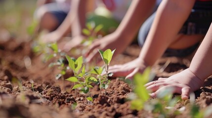 A group of children planting trees in a barren area symbolizing the positive impact of biofuels in helping restore the environment. . - obrazy, fototapety, plakaty