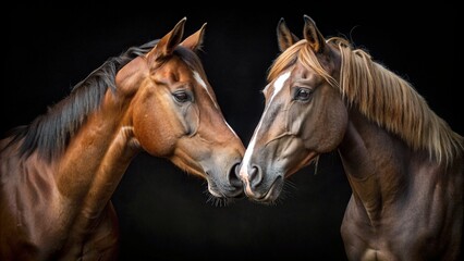 Two horse portrait on black background. Horses in love