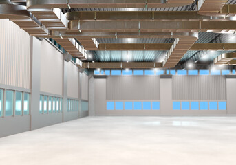 A production room with ventilation ducts. Industrial air purification. Ventilation Design. HVAC 3d image