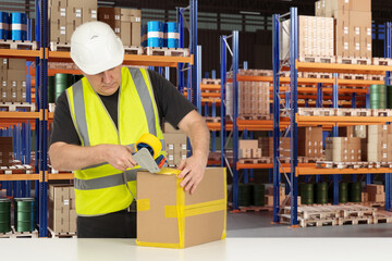 A man in a warehouse is packing boxes. Work in the warehouse. A logistics center where goods are collected for shipment to customers.