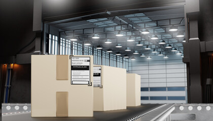 A box on a conveyor belt in close-up. Conveyor line with boxes.  Automation in production. 3d image