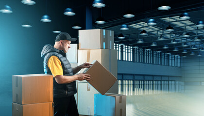 A man checks the cargo. Stacks of boxes on the background of an industrial building. A man works in a warehouse.