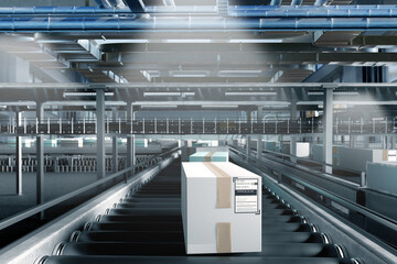 Logistics center. Boxes are moving along the conveyor belt. A conveyor line along which cardboard boxes move. 3d image