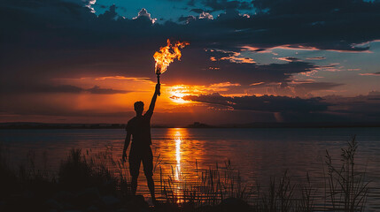 A silhouette of man with torch on the background of sunset. Concept of freedom and independence