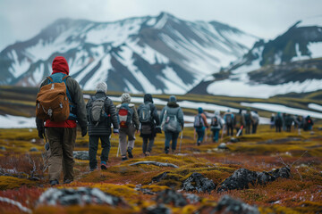 A line of middle-aged explorers travel through a varied landscape of snow, mixed red moss and distant snow-capped mountains under cloudy skies.Group Adventure Teamwork.