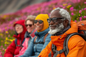 A line of elderly people embark on a vibrant journey along a mountain trail bedecked with pink flowers, sharing  laughter.Leisure and quality of life after retirement