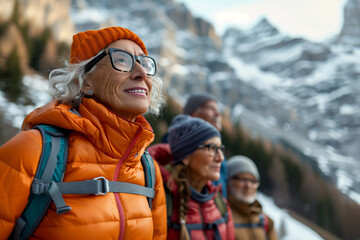 A cheerful elderly woman in an orange jacket and glasses smiles as she hikes in a mountainous area, with her companions in the background. Overcoming limits in retirement