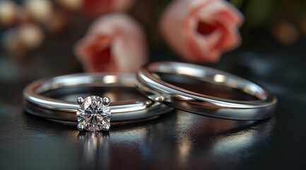 A pair of silver white gold diamond rings on a black platform with pink flowers  