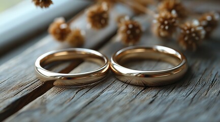 Obraz na płótnie Canvas A pair of gold wedding rings on a wood textured table