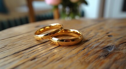 A pair of  gold wedding rings on a wood textured table