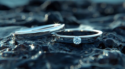 A pair of silver white gold diamond wedding rings on rocky textured stones