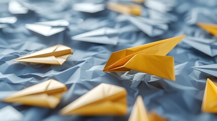 Lone Golden Origami Plane Leads Silver Formation Symbolizing Audacious Leadership and Standing Out Generative ai - obrazy, fototapety, plakaty