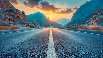 Serene Road Journey through Picturesque Countryside, Sunset Illuminating the Highway with Mountains in the Distance - obrazy, fototapety, plakaty