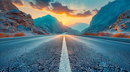 Photo sur Plexiglas Vert bleu Serene Road Journey through Picturesque Countryside, Sunset Illuminating the Highway with Mountains in the Distance