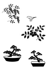   盆栽と 秋冬の植物、 小鳥　図案セット
