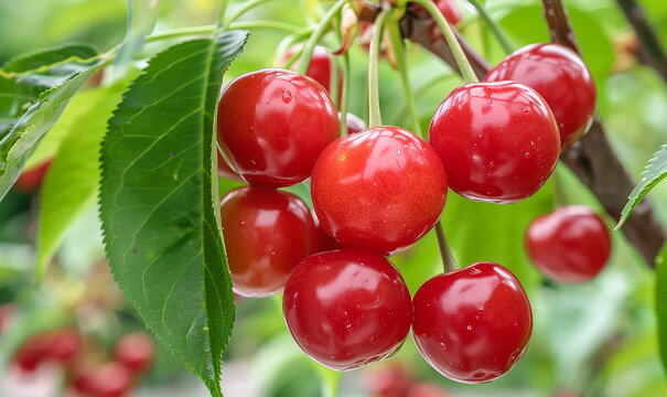 Close-up photo of cherry cherry bunch Juicy red, round, sweet tasting fruit with branches. and fresh green leaves on a blurred background