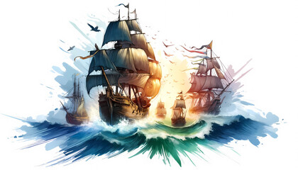 Resilient Voyages: A Watercolor Journey of Trade Ship Amidst Pirate Challenges
