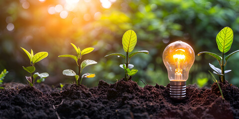 Light bulb on nature background with green grass and sunlight Concept of eco business growth profit development and success ecology and green technology concept - obrazy, fototapety, plakaty