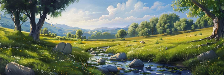 Foto op Aluminium landscape painting of an idyllic countryside scene with rolling hills, generative AI © VALUEINVESTOR