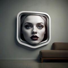 Diseño marco de cuadro asimétrico con una cara de mujer asomándose en 3d junto a un sofá 