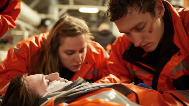 In a simulated disaster scenario a group of paramedic trainees work together to triage and treat injured volunteers showcasing the teamwork and quick thinking required in their future .