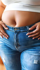 Closeup of a womans denimclad abdomen and waist