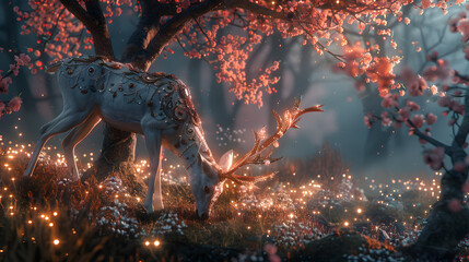 A deer grazes in a field of flowers, illuminated by a pink, purple, and orange light. The flowers and branches are covered in small, glowing lights. - obrazy, fototapety, plakaty