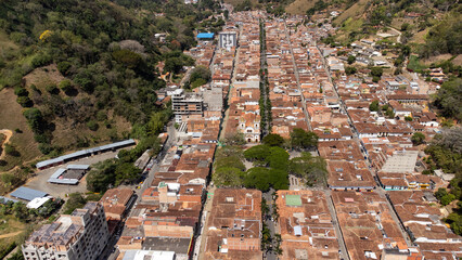 Ciudad Bolivar, Antioquia - Colombia. February 21, 2024. Aerial view with drone, Its main park has...