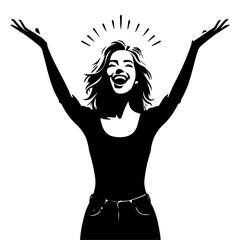 minimalist Photo of excited cheerful woman wear shirt smiling open mouth rising arms palms isolated vector black color silhouette, Black color silhouette png white background (1)