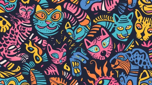 Colorful Abstract Cartoon Cat Pattern