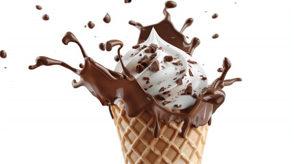 ice cream cone with liquid chocolate splash explosion isolated on white background, chocolate ice cream promotion advertisement 