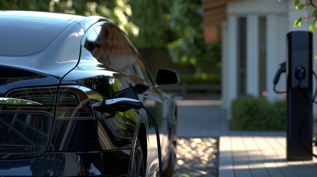 A closeup image of a sleek electric car being charged at a solarpowered charging station demonstrating the marriage of renewable energy sources. .
