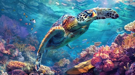 Photo of a green turtle swimming gracefully over a vibrant coral reef  Generative Ai